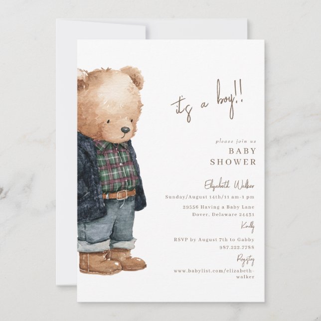 Bear-y Cute Teddy Bear It's a Boy Baby Shower Invitation (Front)