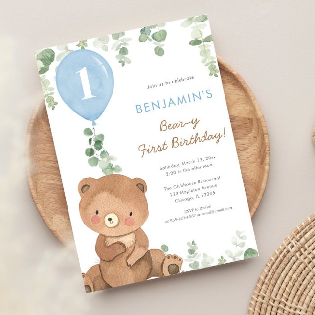 Bear-y First Birthday boy 1st cute bear balloons Invitation (Creator Uploaded)