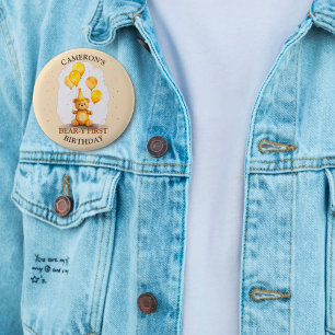 Bear-y First Birthday Gender Neutral Yellow Bear 6 Cm Round Badge