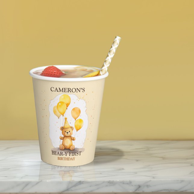 Bear-y First Birthday Gender Neutral Yellow Bear Paper Cups (Creator Uploaded)