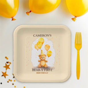 Bear-y First Birthday Gender Neutral Yellow Bear Paper Plate