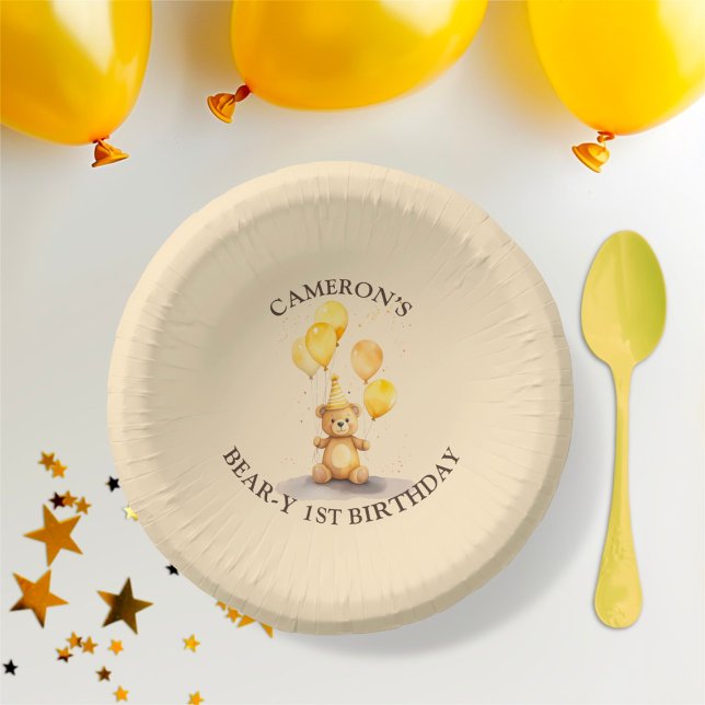 Bear-y First Birthday Gender Neutral Yellow Bear Paper Plate (Creator Uploaded)