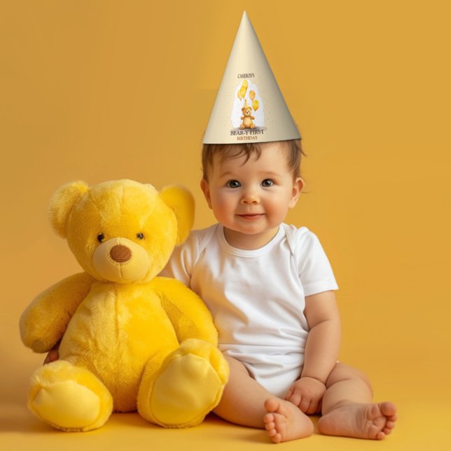 Bear-y First Birthday Gender Neutral Yellow Bear Party Hat (Creator Uploaded)