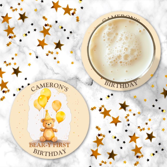 Bear-y First Birthday Gender Neutral Yellow Bear Round Paper Coaster (Creator Uploaded)