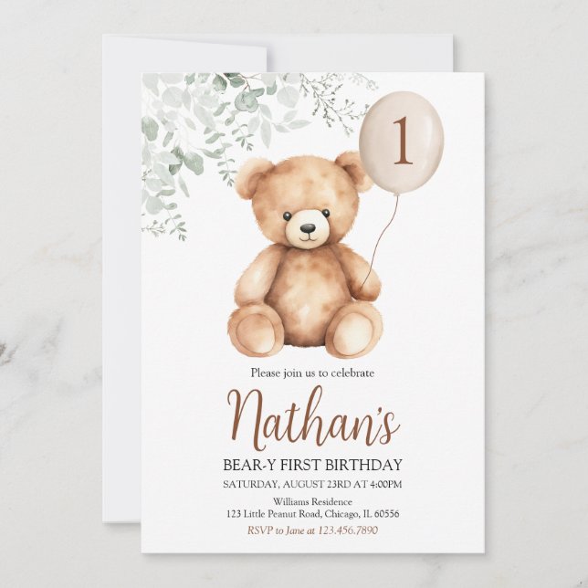 Bear-y First Birthday Invitation (Front)