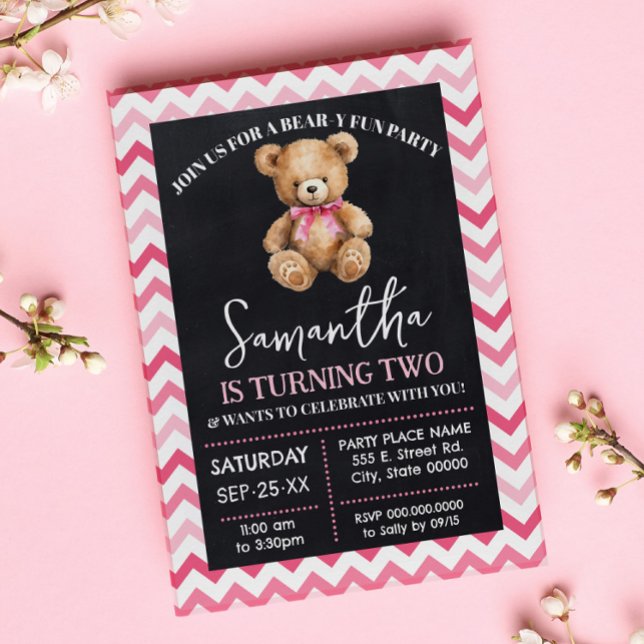 Bear-y Fun Birthday Celebration Pink Teddy Bear Invitation (Creator Uploaded)