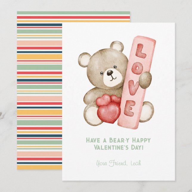 Bear-Y Happy Valentine's Day Watercolor Valentines Holiday Card (Front/Back)