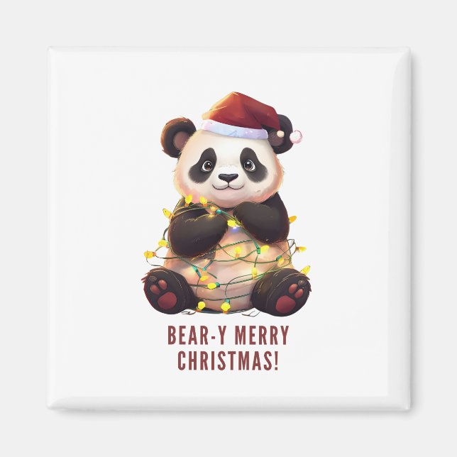 Bear-y Merry Christmas! Playful Panda Magnet (Front)