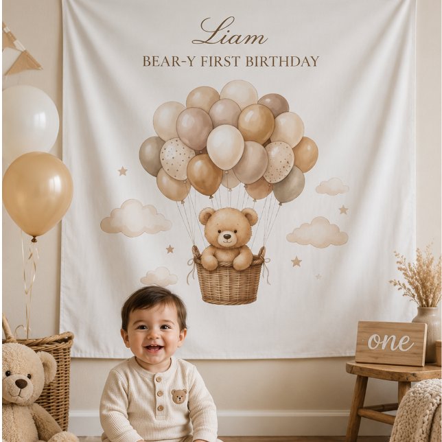 Bear-y Neutral Balloon First Birthday Tapestry (Creator Uploaded)