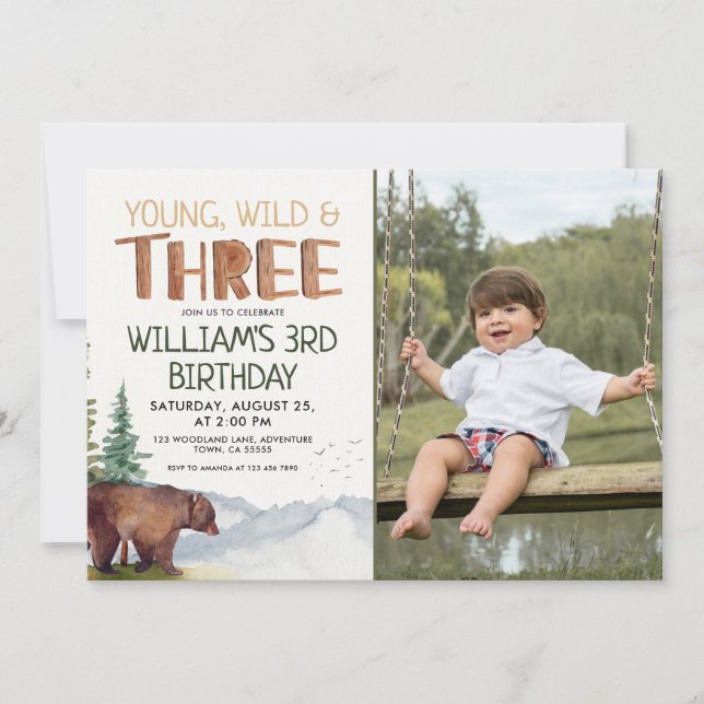 Bear-Young Wild and Three Boys 3rd Birthday Invitation (Front)