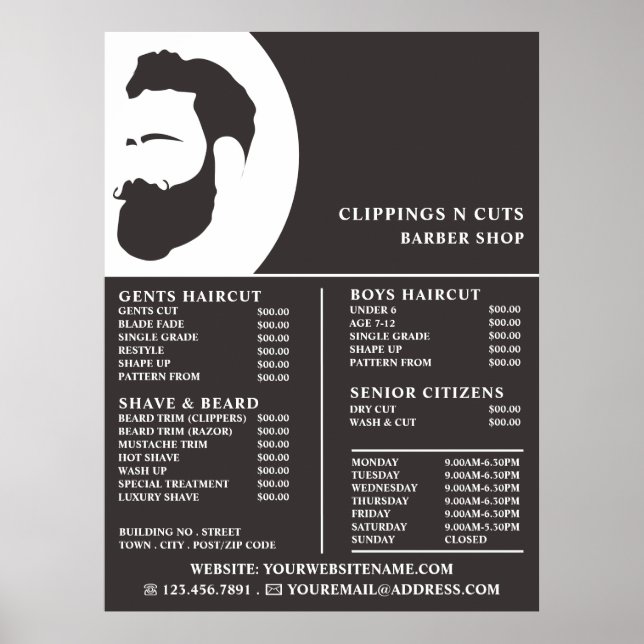 Beard Logo, Men's Barbers Price List Poster (Front)