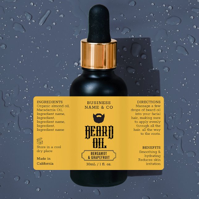 Beard Oil Label Grungy 1 OZ Cosmetic Bottle (Grungy black and gold color beard oil 1 oz cosmetic bottle waterproof label *verify size*)