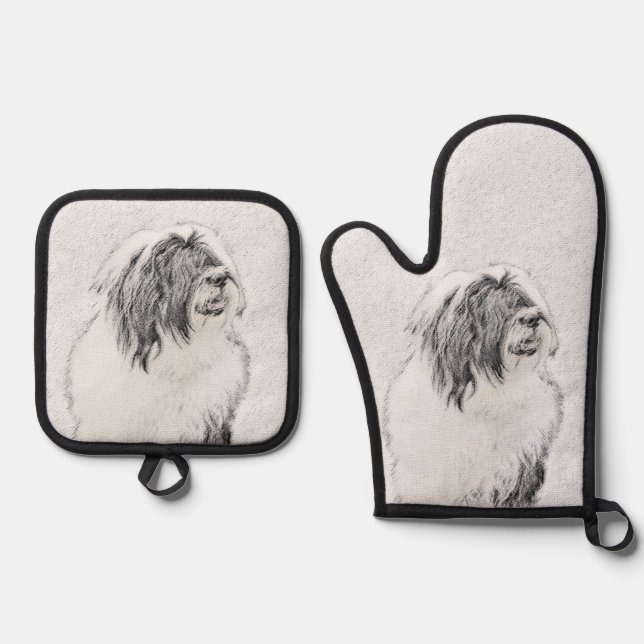 Bearded Collie Beardie Black Drawing Cute Dog Art Oven Mitt & Pot Holder Set (Front)