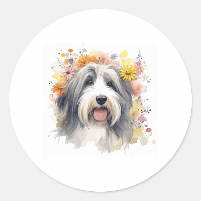 Bearded Collie between Wildflowers 1 Classic Round Sticker (Front)