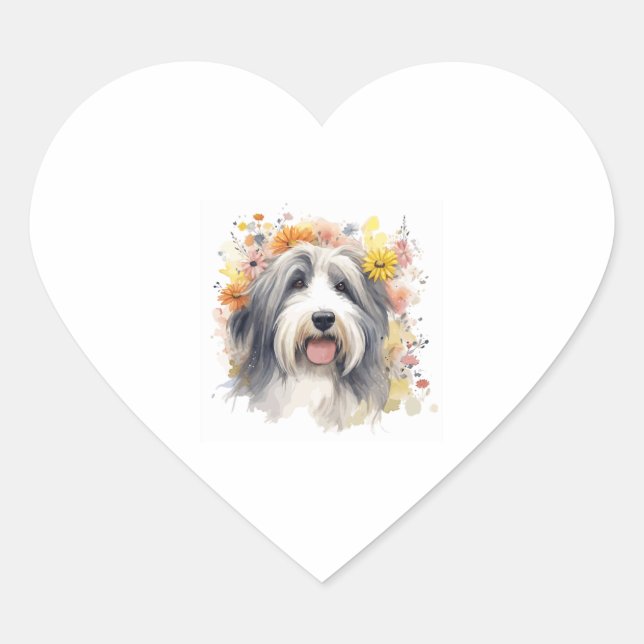 Bearded Collie between Wildflowers 1 Heart Sticker (Front)