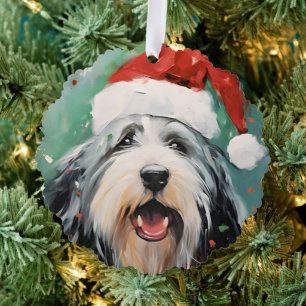 Bearded Collie Christmas brush painting artwork Tree Decoration Card