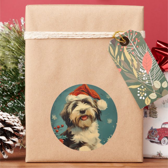 Bearded Collie Christmas Classic Round Sticker (Holiday)