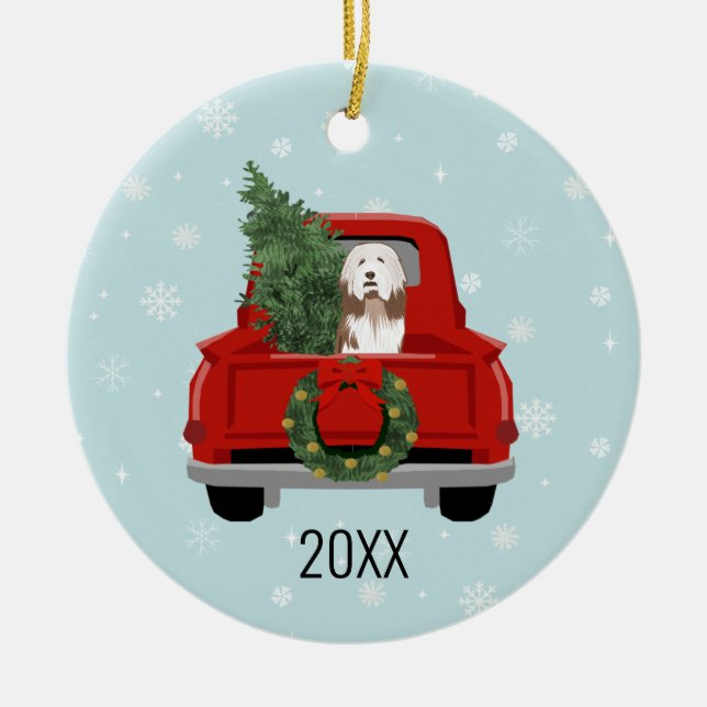 Bearded Collie dog red truck Ceramic Tree Decoration (Front)