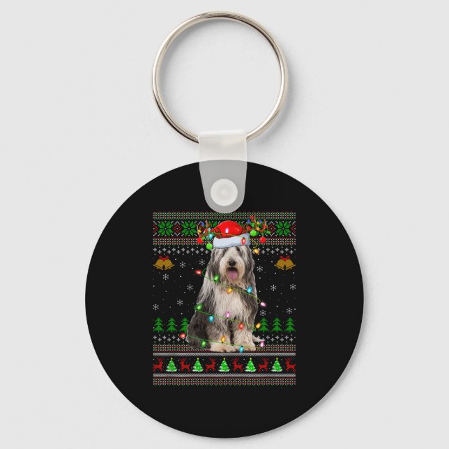 Bearded Collie Dog Ugly Christmas Sweater Holiday  Key Ring (Front)
