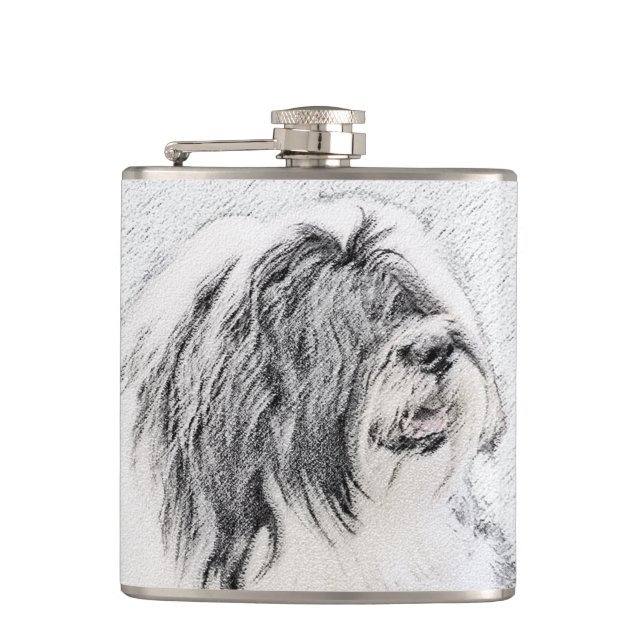 Bearded Collie Drawing - Cute Original Dog Art Hip Flask (Front)