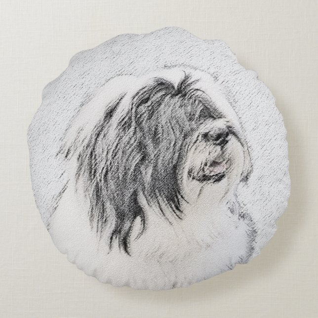 Bearded Collie Drawing - Cute Original Dog Art Round Cushion (Back)