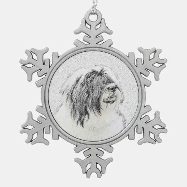 Bearded Collie Drawing - Cute Original Dog Art Snowflake Pewter Christmas Ornament (Front)