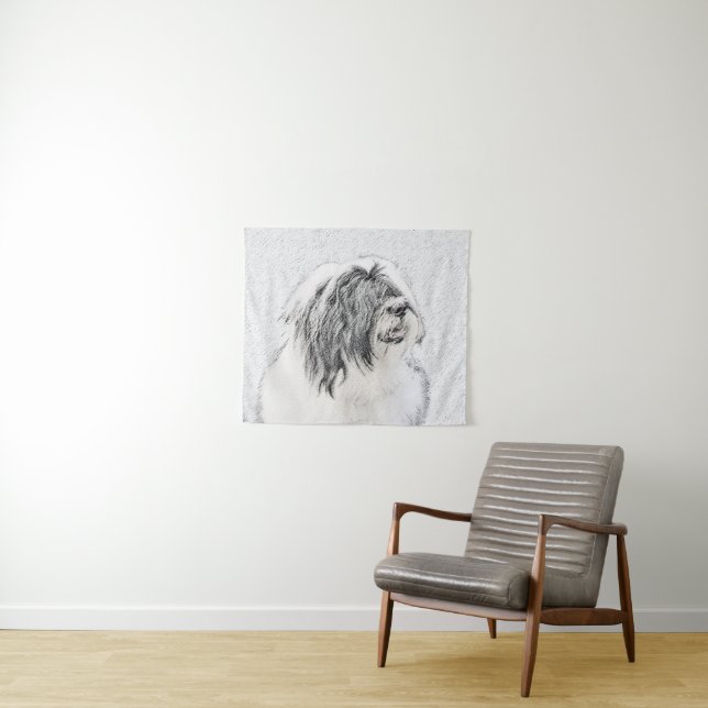 Bearded Collie Drawing - Cute Original Dog Art Tapestry (In Situ (Horizontal))