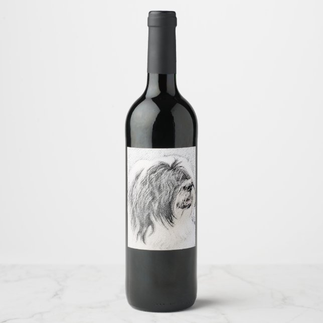 Bearded Collie Drawing - Cute Original Dog Art Wine Label (Front)
