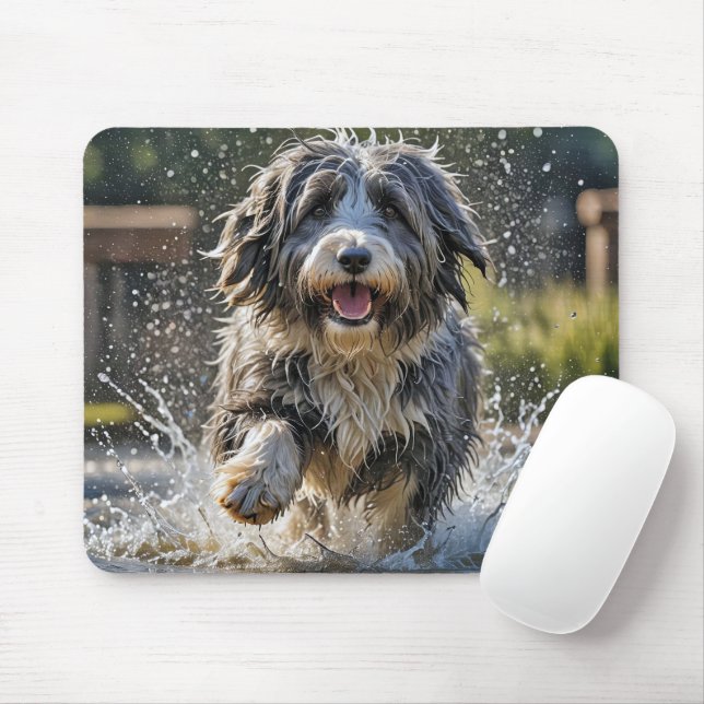 Bearded Collie In Water Puddle Mouse Pad (With Mouse)