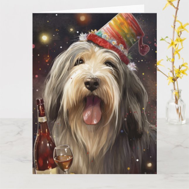 Bearded Collie New Year Card (Yellow Flower)