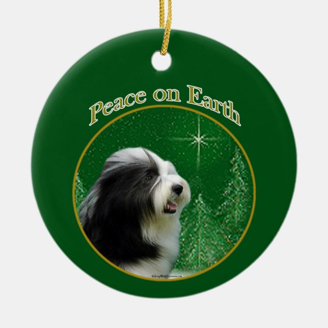Bearded Collie Peace Ceramic Tree Decoration (Front)