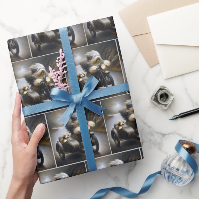Bearded Collie Riding a Motorcycle Wrapping Paper (Gifting)