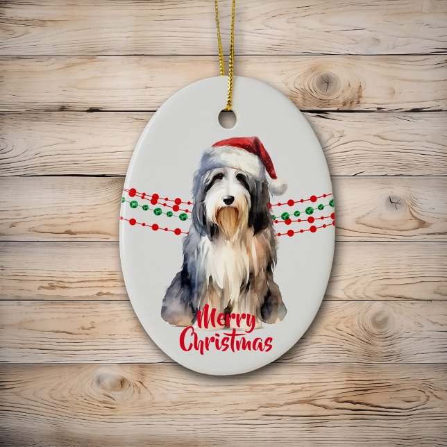 Bearded Collie Santa Hat Holiday Beads Ceramic Tree Decoration (Creator Uploaded)