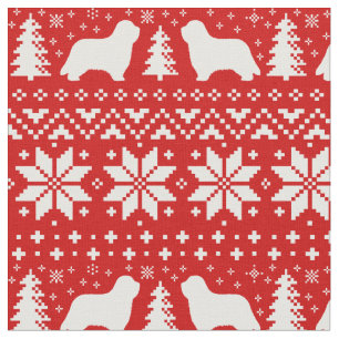 Bearded Collie Silhouettes Christmas Pattern Red Fabric