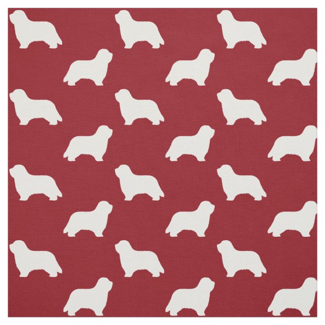 Bearded Collie Silhouettes Pattern Red and White Fabric (Swatch)