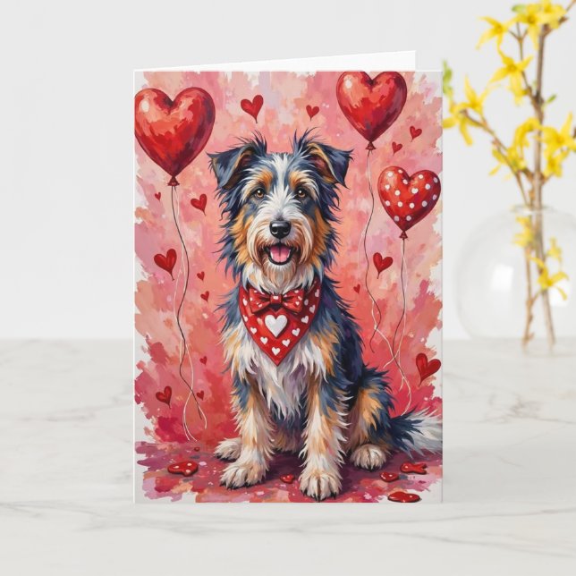 Bearded Collie Valentine Dog Sitting with Hearts Card (Yellow Flower)