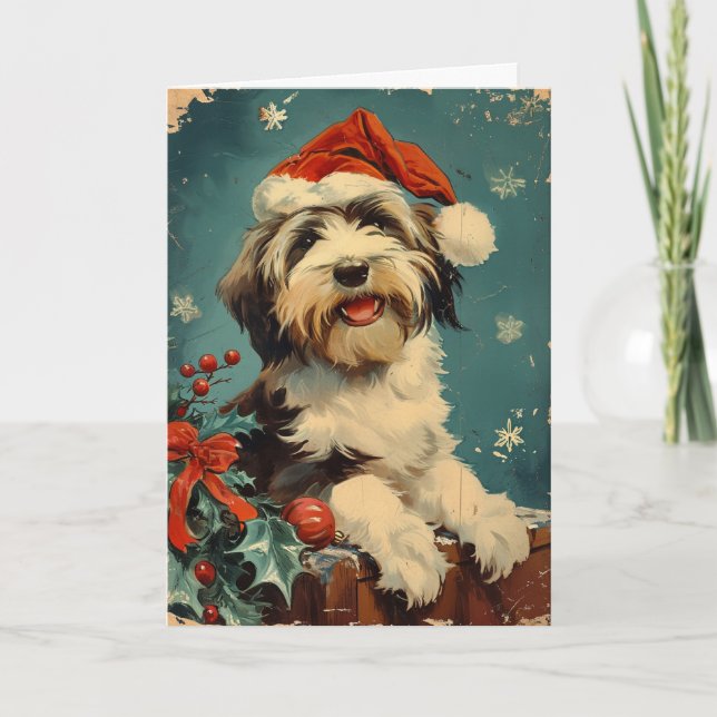 Bearded Collie vintage personalised Christmas Holiday Card (Front)