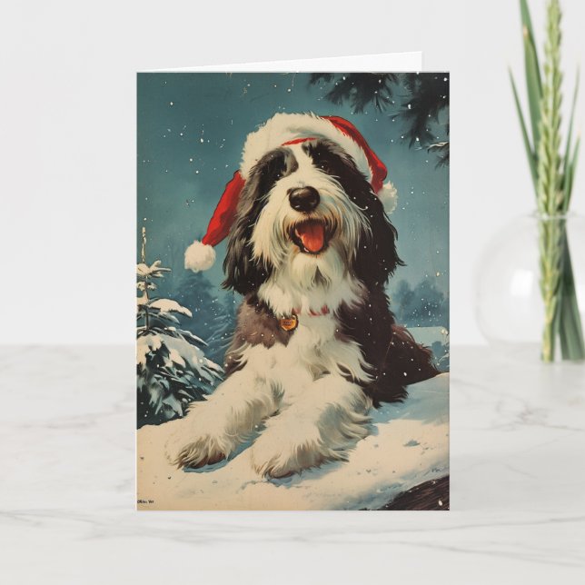 Bearded Collie vintage personalised Christmas  Holiday Card (Front)