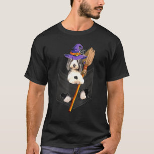 Bearded Collie Witch Broom Pocket Halloween Dog T-Shirt