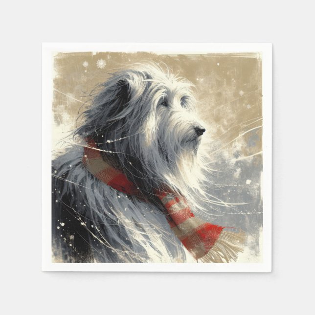 Bearded Collie With Striped Winter Scarf Napkin (Front)