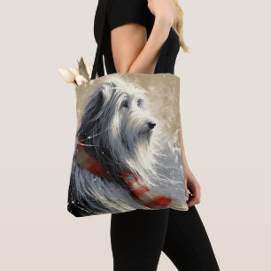 Bearded Collie With Striped Winter Scarf Tote Bag