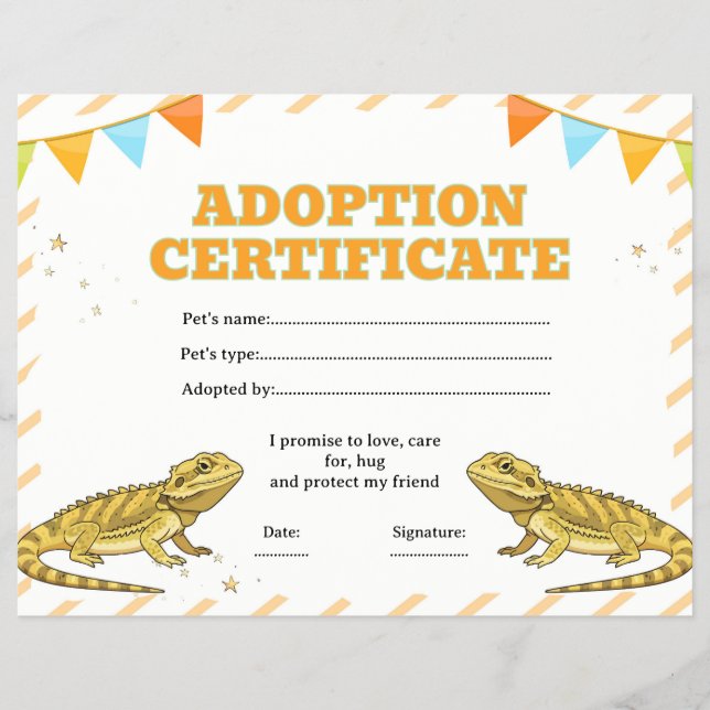 Bearded dragon adopt a pet certificate editable flyer (Front)