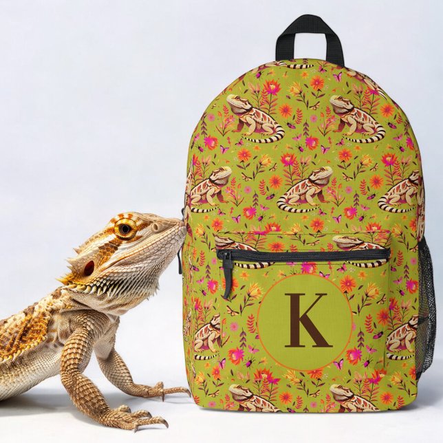Bearded dragon floral green printed backpack (Creator Uploaded)