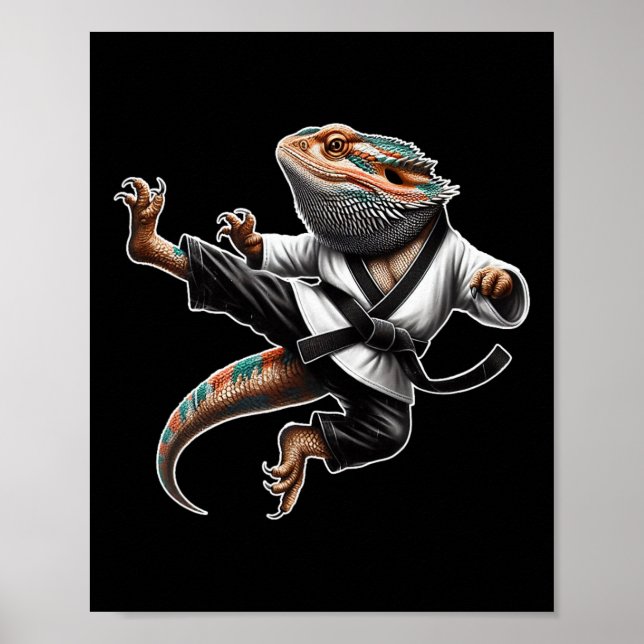 Bearded Dragon Flying Kick Pose Karate Samurai Nin Poster (Front)