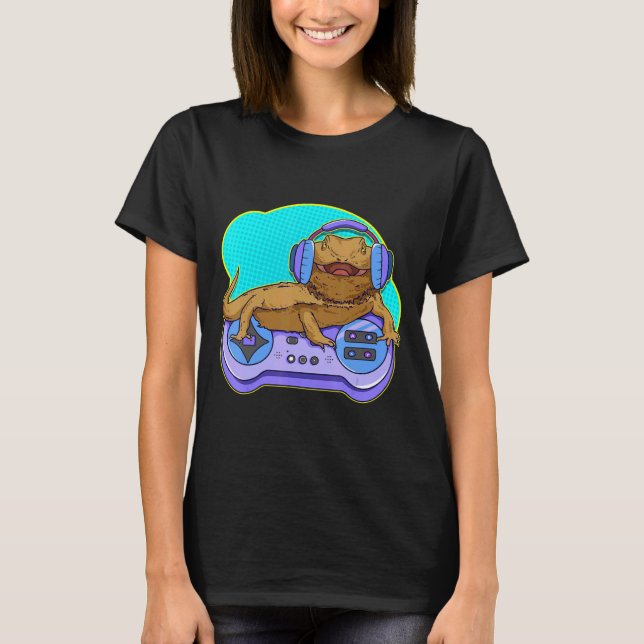 Bearded Dragon Gamer Computer Game Player Lizard T-Shirt (Front)
