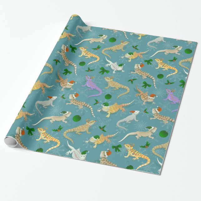 Bearded Dragon Morph Holiday Ice Wrapping Paper (Unrolled)