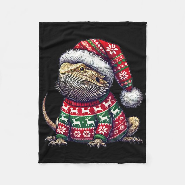 Bearded Dragon Ugly Sweater Santa Hat Christmas  Fleece Blanket (Front)