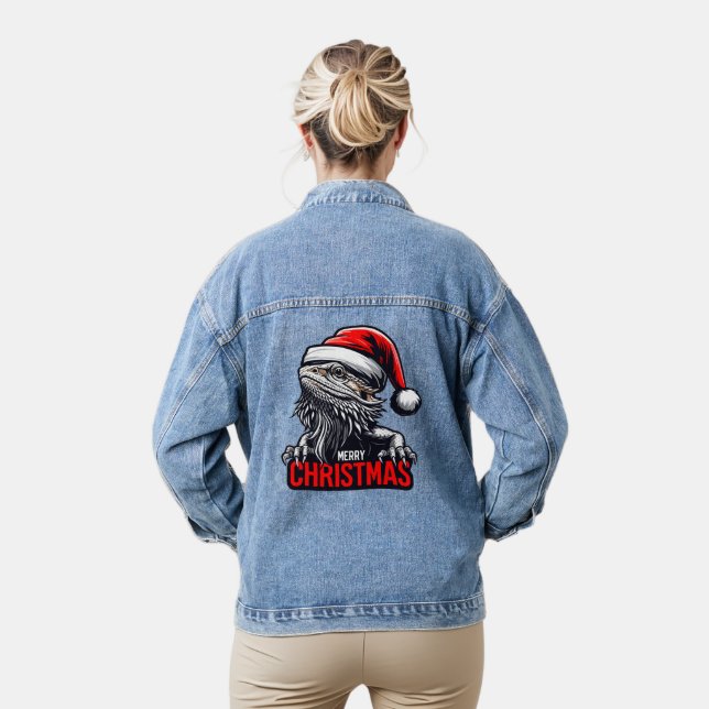 Bearded Dragon Xmas, Merry Christmas Santa Lizard Denim Jacket (Model)