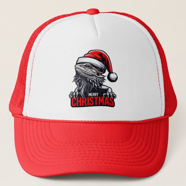 Bearded Dragon Xmas, Merry Christmas Santa Lizard Trucker Hat (Front)