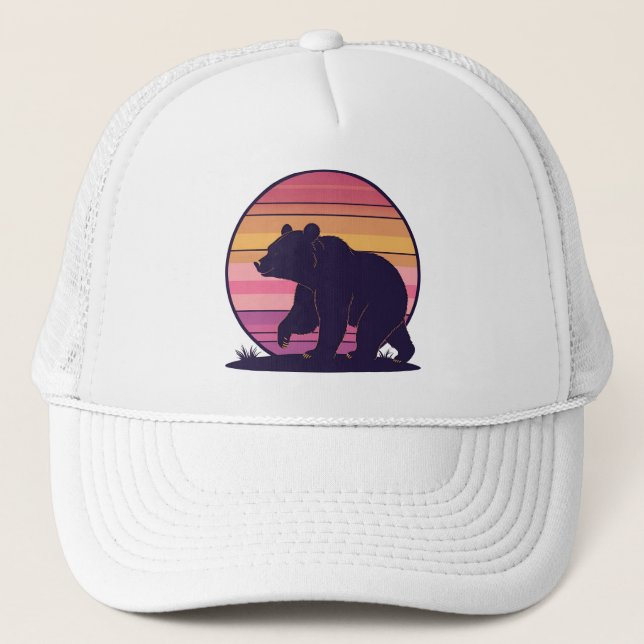  Bearly Awake – Funny Retro Bear Sunset Trucker Hat (Front)